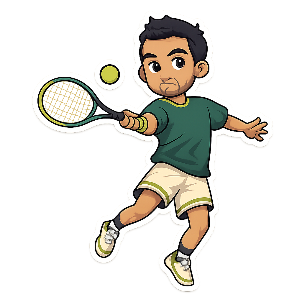 Illustrated tennis-player avatar in forest-green kit, holding a racket